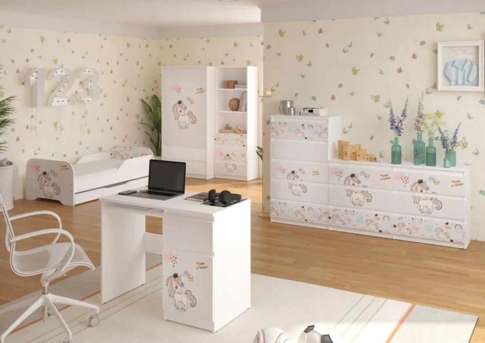 Pat pentru copii 140 x 70 cm cu motiv de unicorn curcubeu