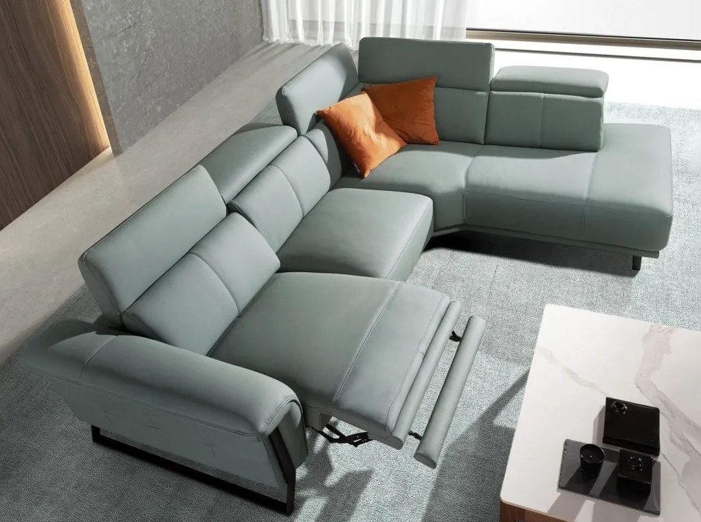 Coltar LUX design italian cu sezlong dreapta si functia relax Cowhide verde turcoaz