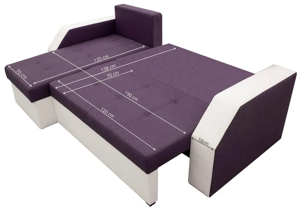 Coltar extensibil Madrid, 226x145x79 cm, 2 lazi depozitare, Reversibil, Alb/ Mov