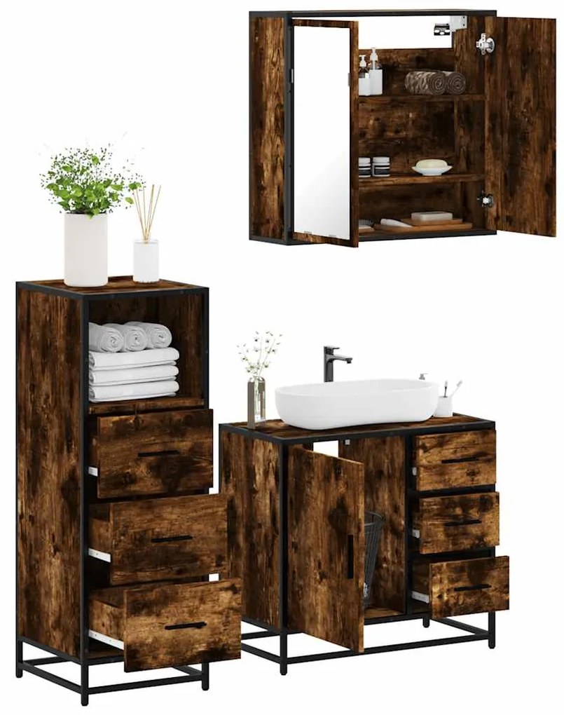 vidaXL Set mobilier de baie, 3 piese, stejar fumuriu, lemn prelucrat