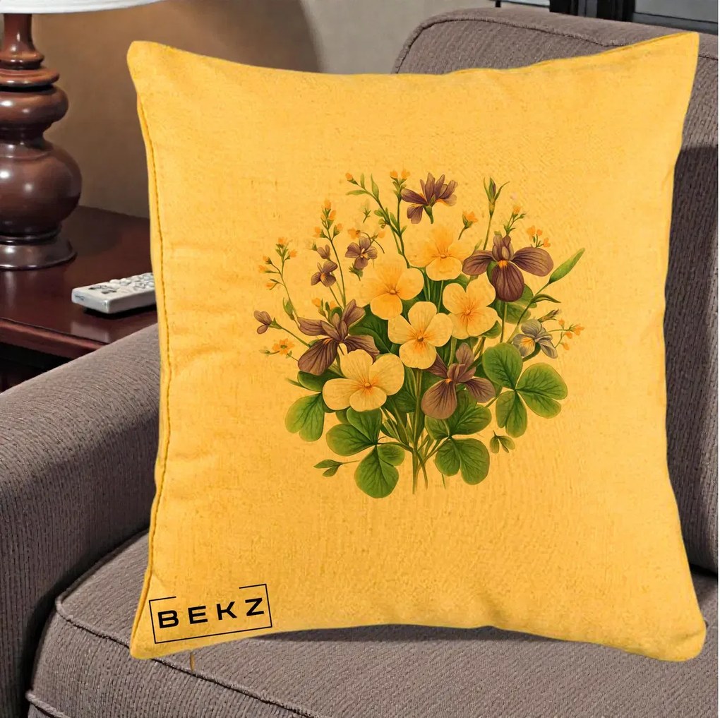 Perna Decorativa Viorele Iris Violet si Trifoi, 40x40 cm, Galben, Husa Detasabila, Perna Inclusa, BEKZ®
