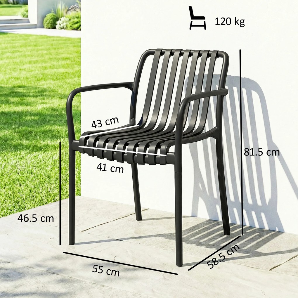 Set 4 Scaune de Grădină Outsunny Stivuibile din PP Rezistent la Razele UV, Scaune de Luat Masa pentru Exterior cu Spătar Ergonomic cu Lamele și Brațe, pentru Terasă, Balcon, Grădină, 55x58,5x81,5 cm, Negru | Aosom Romania