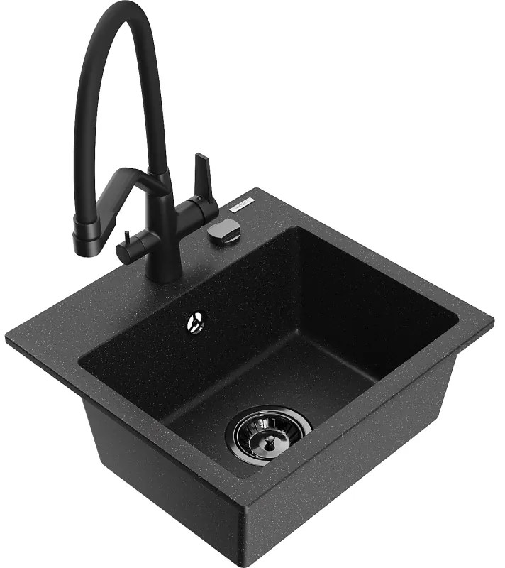 Mexen Milo chiuvetă de bucătărie compozit granit, cu o cuvă, cu baterie Duo, negru/argintiu metalic - 6505-73-671701-70-B