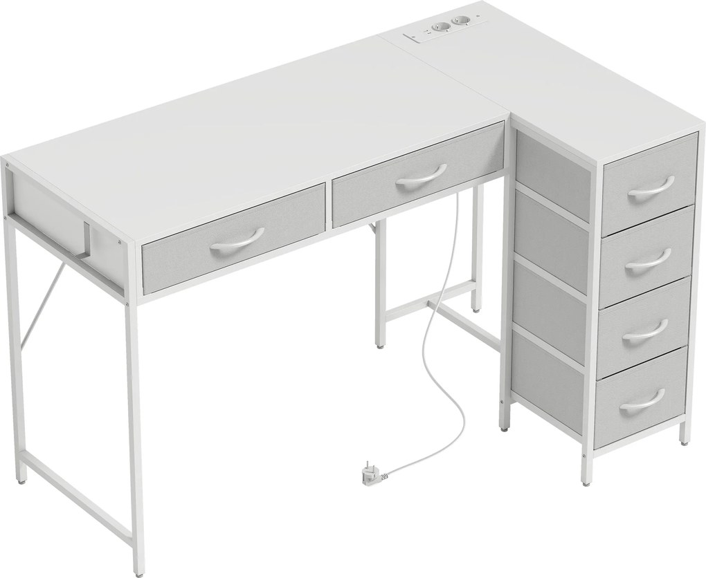 HOMCOM Birou de Colț Reversibil cu Prize și Porturi USB, 126x48 cm, Birou în Formă de L cu 6 Sertare din Material Textil, Cârlig Lateral, pentru Computer, Birou, Cameră, Alb | Aosom Romania