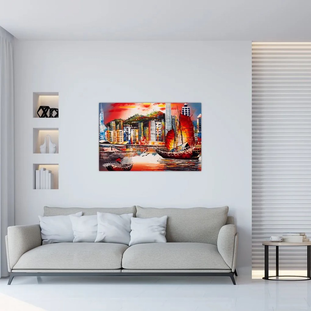Tablou - Victoria Harbour, Hong Kong, pictură în ulei (90x60 cm)