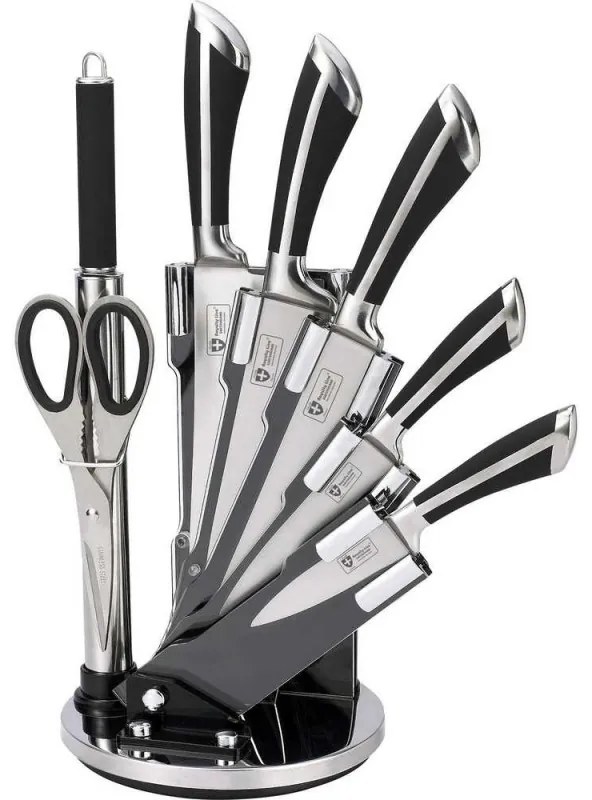 Set Cutite Ascutitor si Foarfece Royalty Line RL-KSS700, 8 piese, Suport, Otel inoxidabil