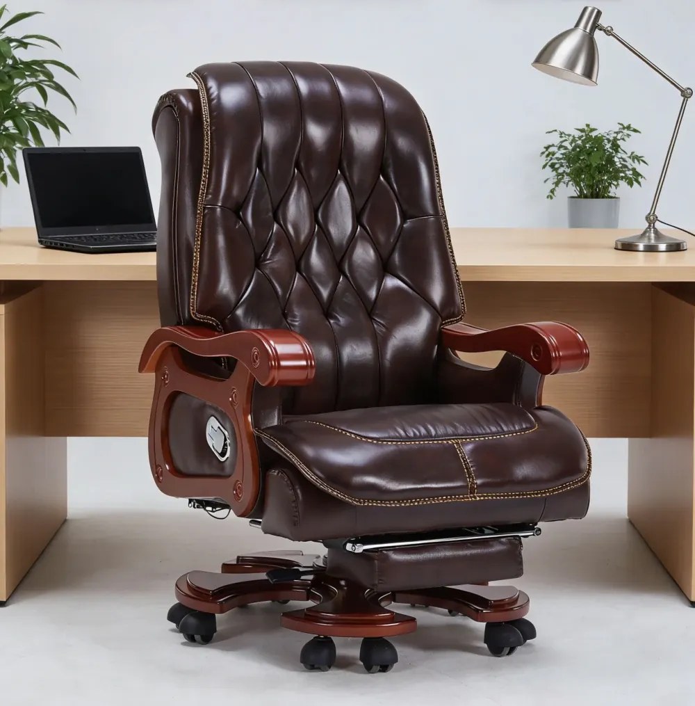 Regal Relax – Scaun directorial din Piele Naturală si Lemn Masiv, Masaj in 7 puncte, Funcție Încălzire, Înclinare 160°, Suport Picioare Extensibil, Sezut cu Arcuri, Telecomandă, Maro Inchis