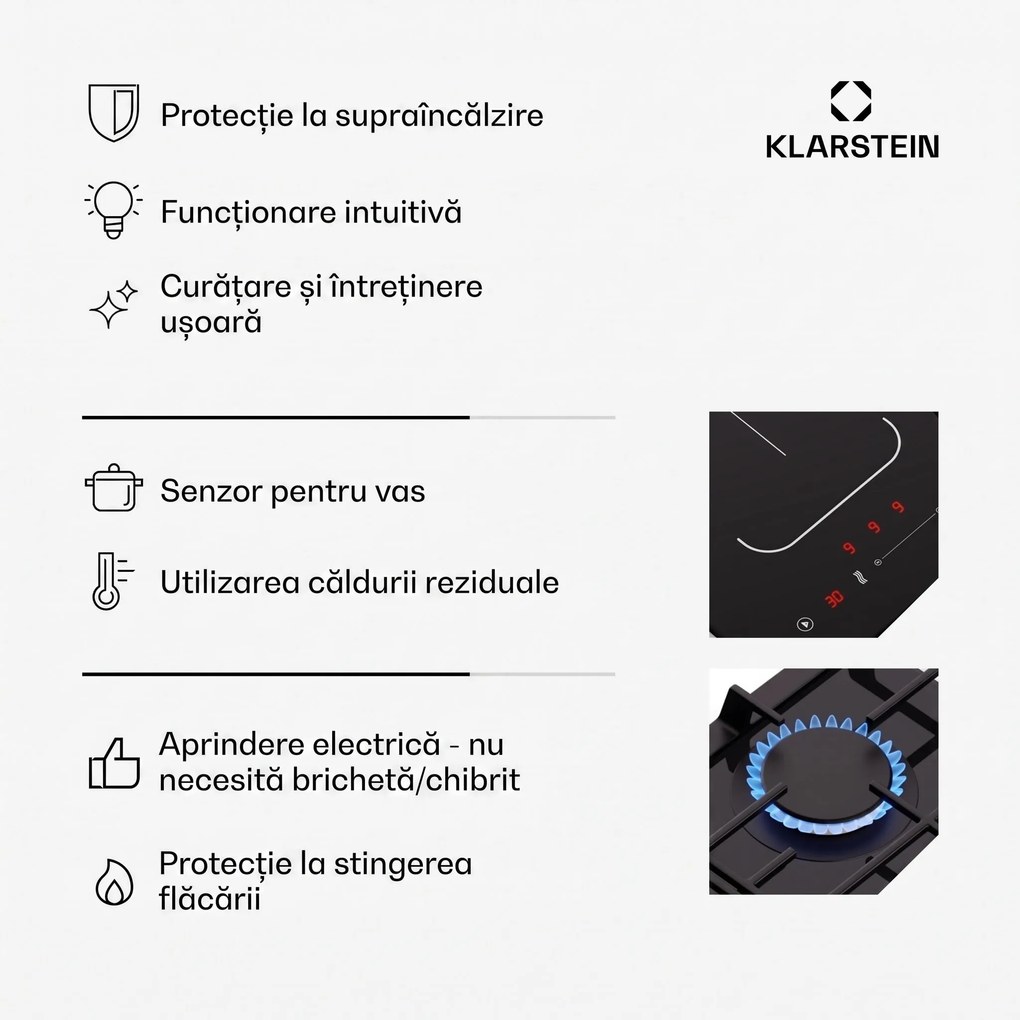 Klarstein MultiChef 5, plită cu inducție și gaz, 5 zone de gătit, 3 arzătoare cu gaz, 2 plite cu inducție, FlexZone