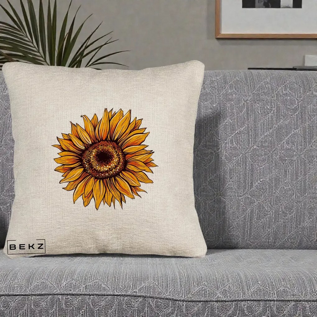 Perna Decorativa Floarea Soarelui Vibranta, 40x40 cm, Bej Canapea, Husa Detasabila, Perna Inclusa, BEKZ®
