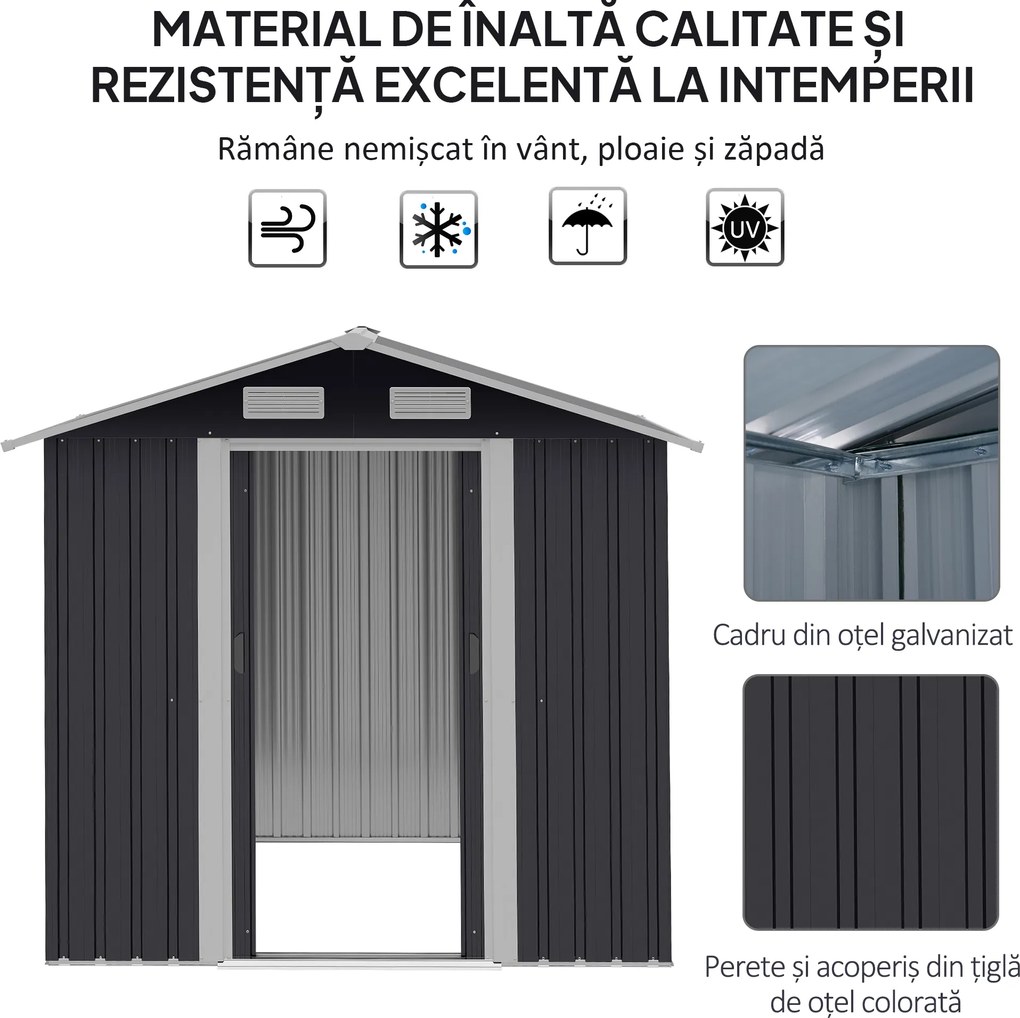 Outsunny Magazia de Gradina, sopron pentru Scule, casuta de unelte din Otel Zincat cu Usa Culisanta Dubla, Negru | Aosom Romania