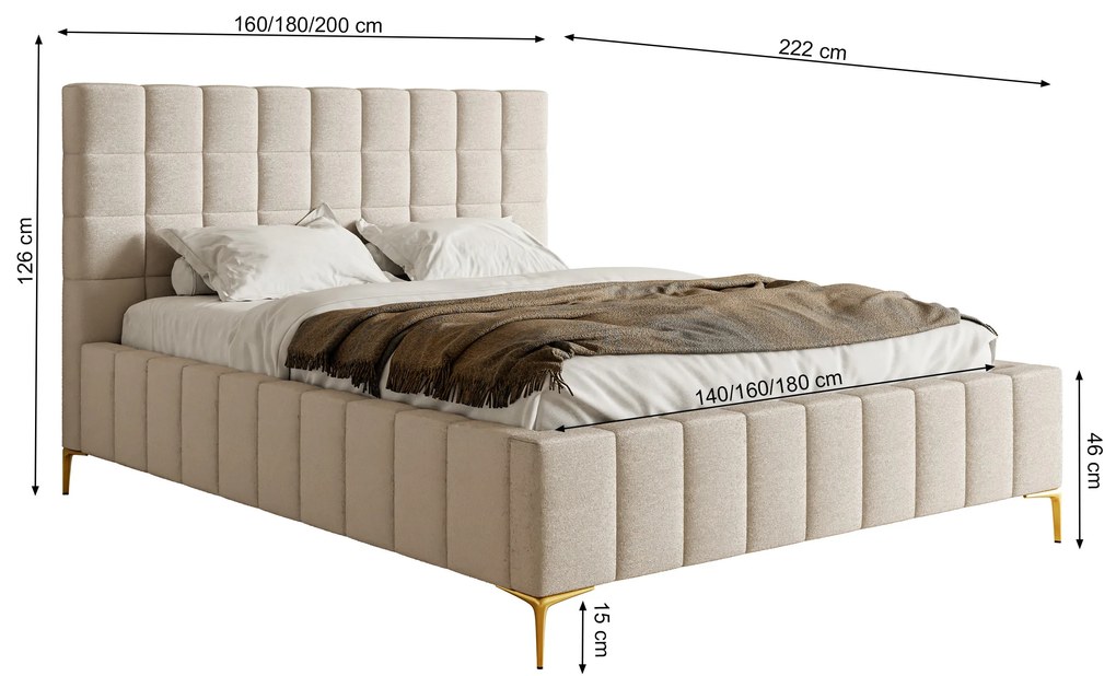 Pat matrimonial 140 cm Sheldona 140 (cu somieră) (cu sp. depozitare) (crem + auriu). 1099773