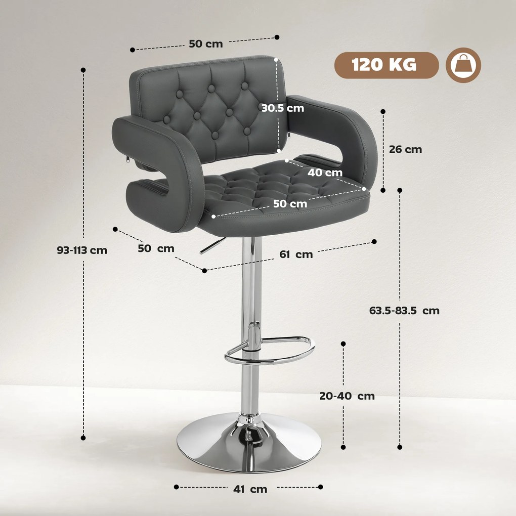 HOMCOM Scaun de Bar Reglabil, Șezut Extra Large Rotativ din Piele Ecologică PU, Gri | Aosom Romania