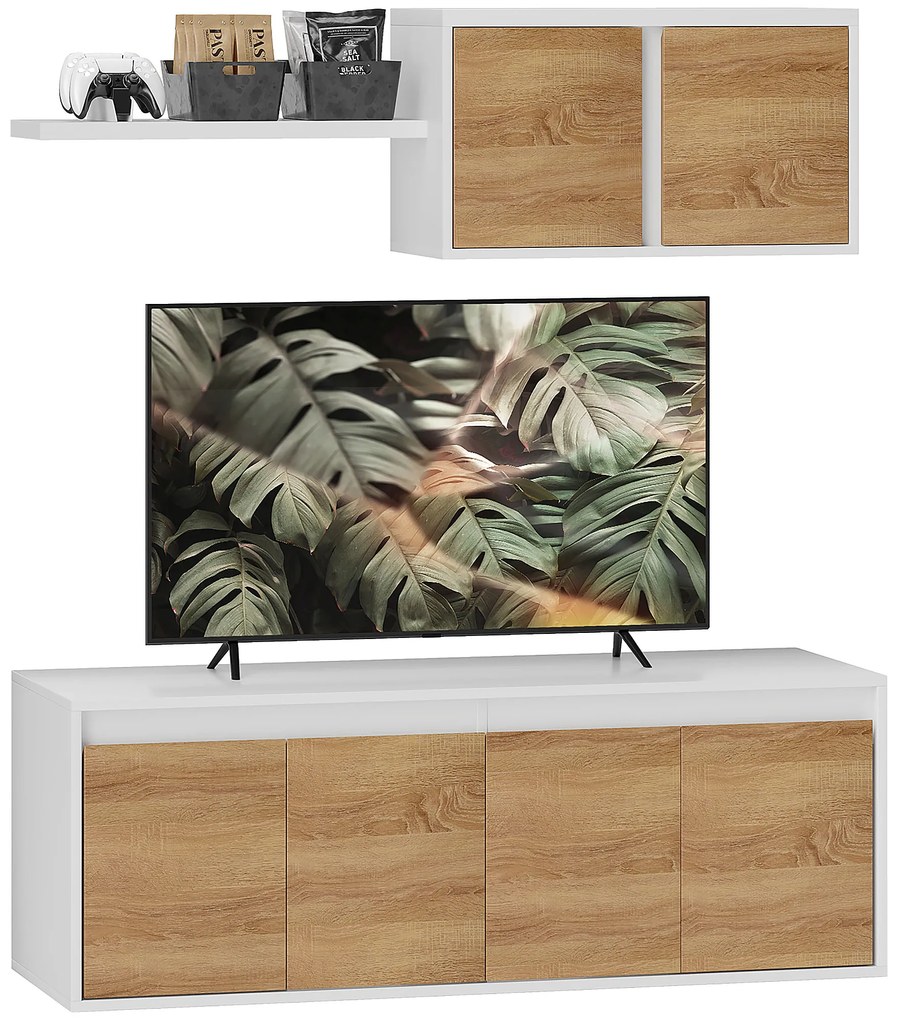 HOMCOM Set Mobilier TV și Dulap Suspendat cu 7 Rafturi și Raft Deschis, Mobilier pentru TV din PAL, 120x41x43,3 cm, Alb | Aosom Romania