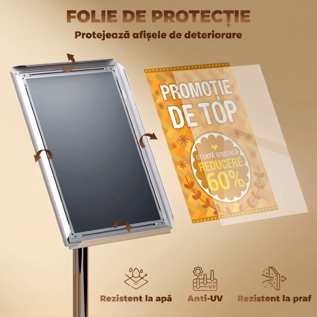 HOMCOM Suport Poster A3, Expozitor Publicitar de Podea cu Înălțime și Înclinare Reglabile, 40x30x129-135 cm, Argintiu | Aosom Romania