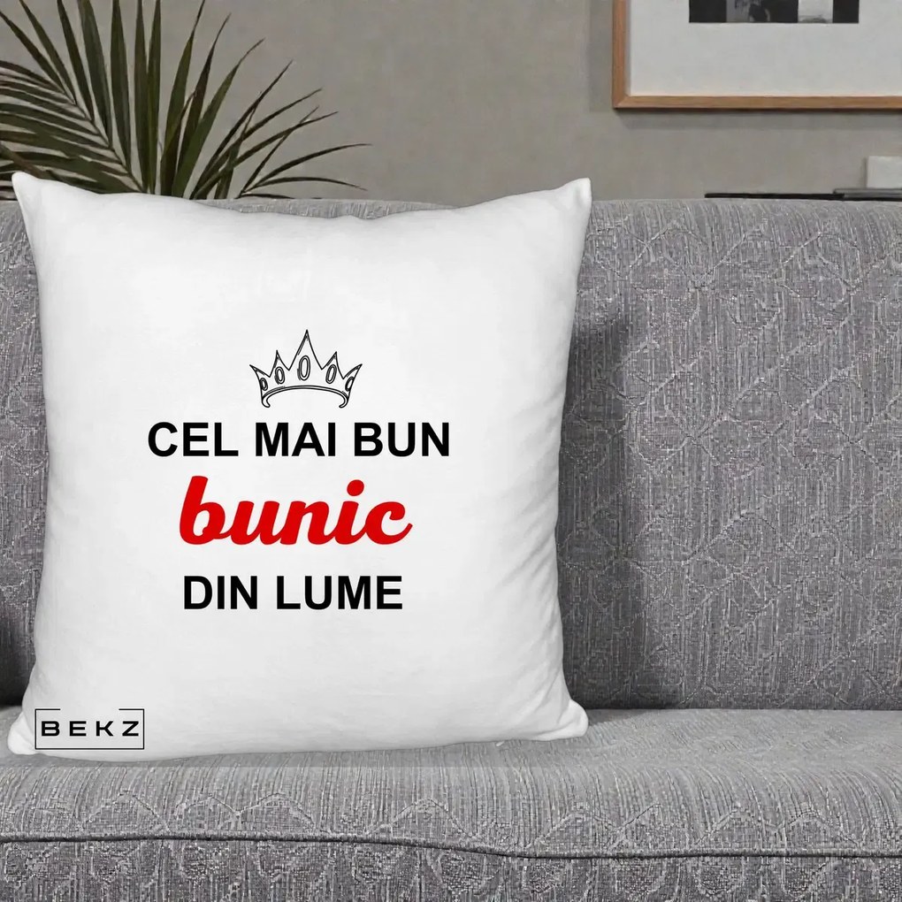Cadou pentru Bunic - Perna Personalizata Cel Mai Bun Bunic Din Lume Coroana Rosu, 40x40 cm, Alb Pufos, Husa Detasabila, Perna Inclusa, BEKZ®