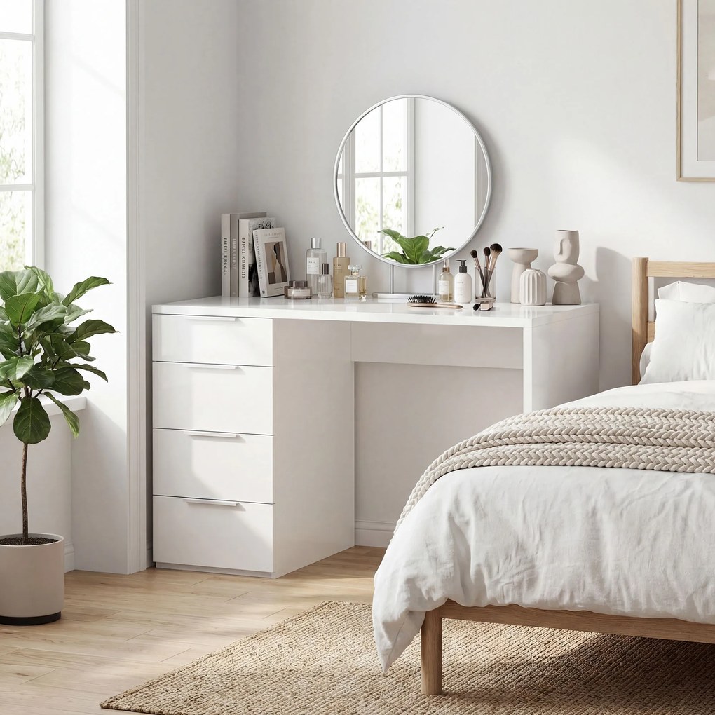 HOMCOM Birou Compact, 110x61.5x75 cm Birou Modern cu 4 Sertare, Masă pentru Computer, Cameră și Birou, Alb Lucios | Aosom Romania