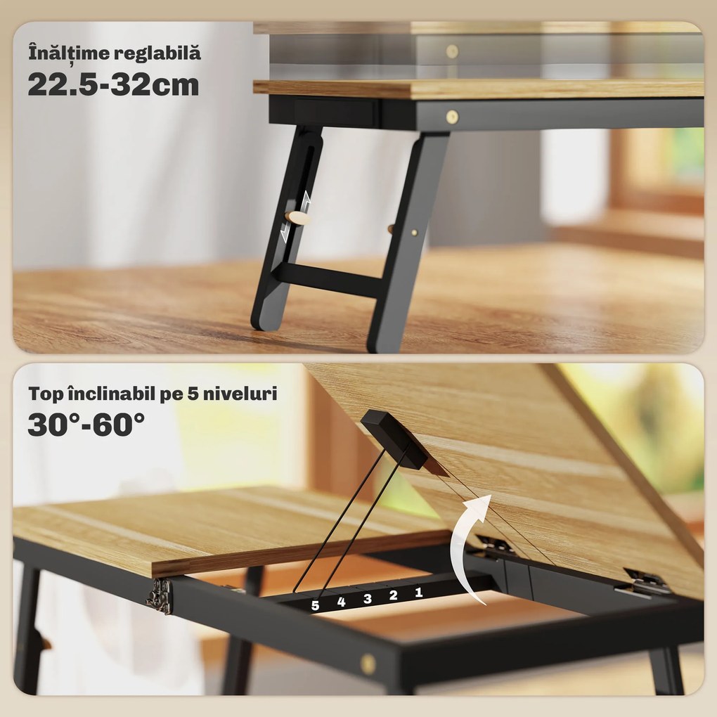 HOMCOM Suport Laptop Înclinabil, cu Înălțime Reglabilă și Sertar Lateral, 86x33x22,5-32 cm, Negru | Aosom Romania
