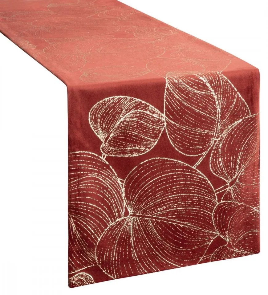Traversa pentru masa centrală din catifea cu imprimare lucioasă de frunze de culoare cărămizie Lățime: 35 cm | Lungime: 140 cm