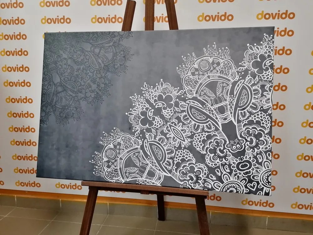 Tablou elementele unei Mandale florale în design alb-negru
