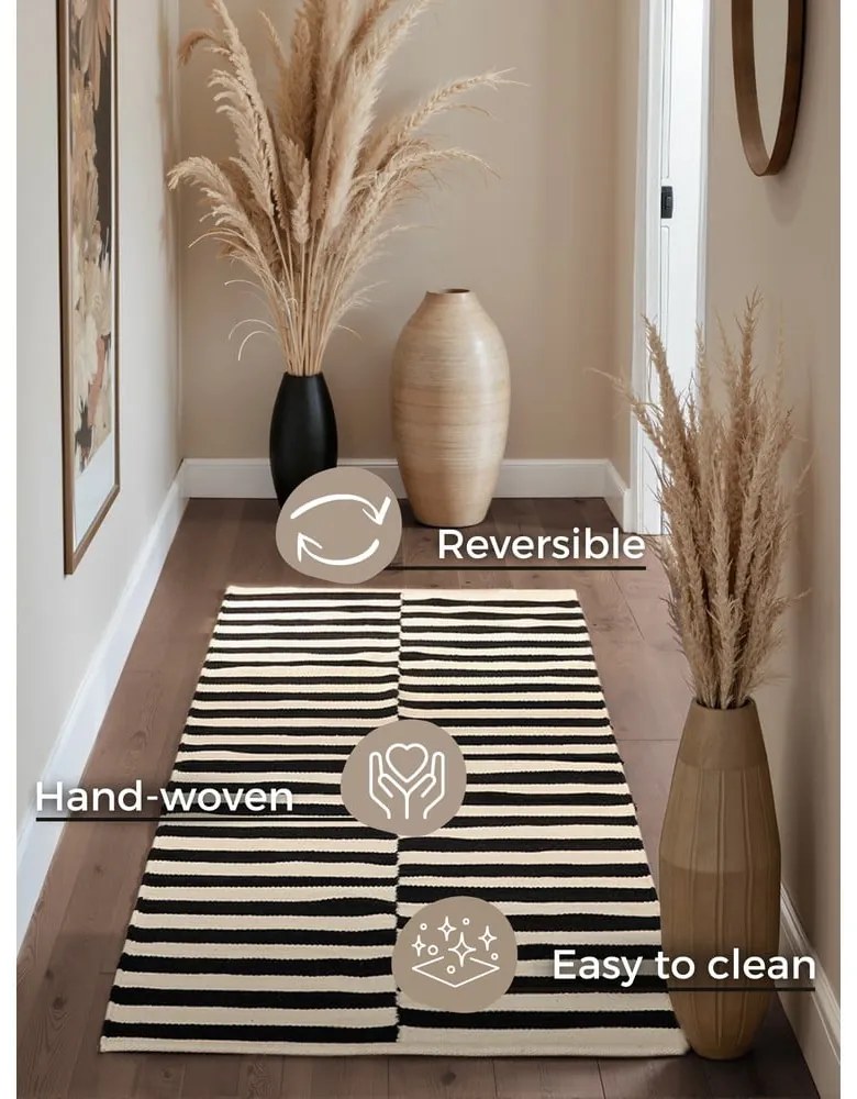 Covor tip traversă negru-alb reversibil/țesut manual din lână 80x200 cm Donna – Hanse Home
