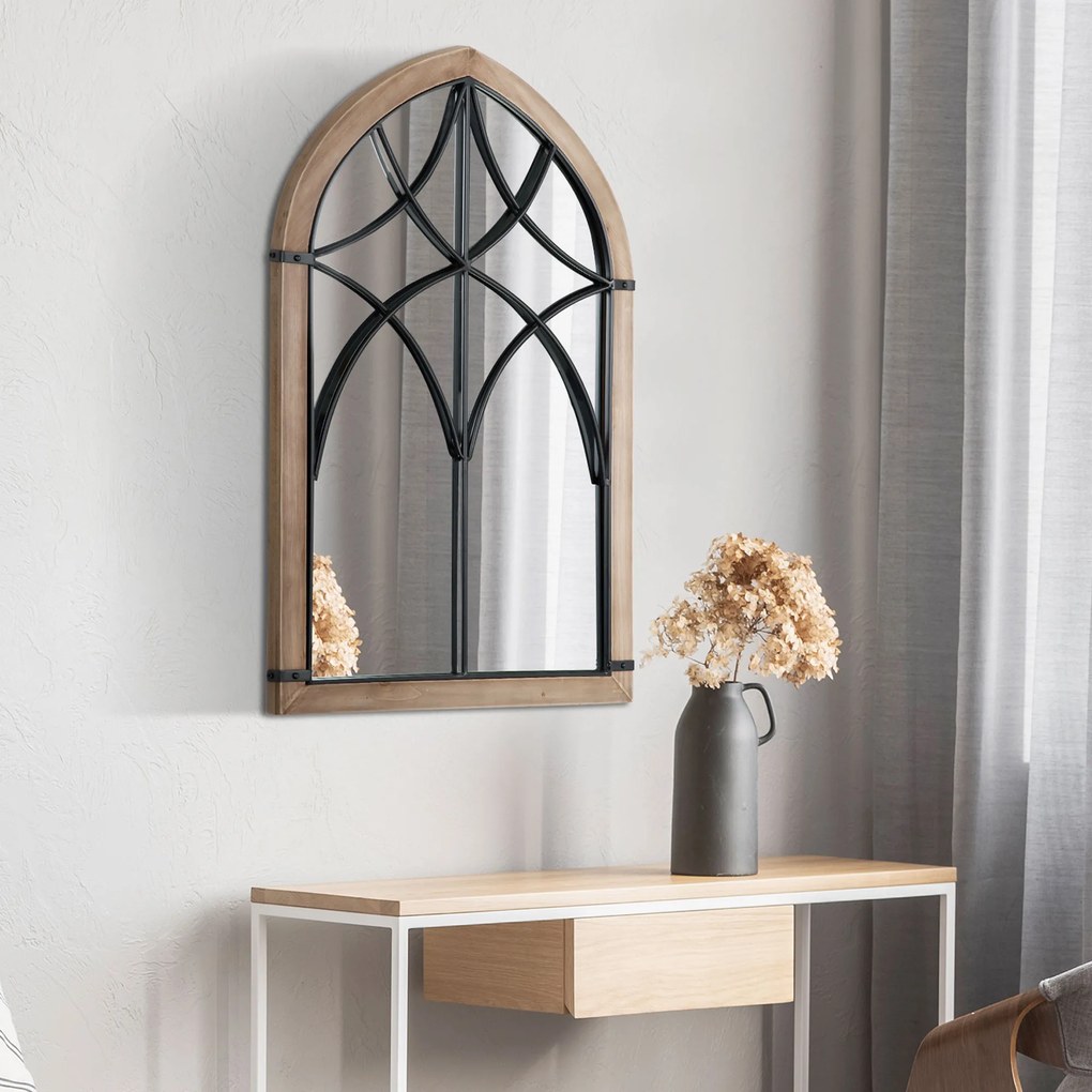 HOMCOM Oglindă de Perete cu Formă de Arc, Detalii Moderne și Cârlige, Oglindă din MDF și Sticlă, 60x93 cm, Maro și Negru | Aosom Romania