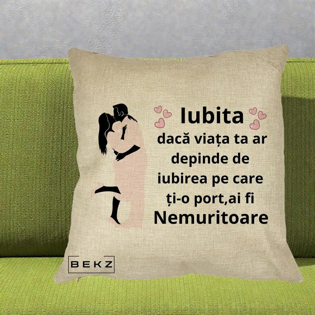Cadou pentru Iubita - Perna Personalizata Iubita Nemuritoare cu Siluete de Cuplu, 40x40 cm, Crem, Husa Detasabila, Perna Inclusa, BEKZ®