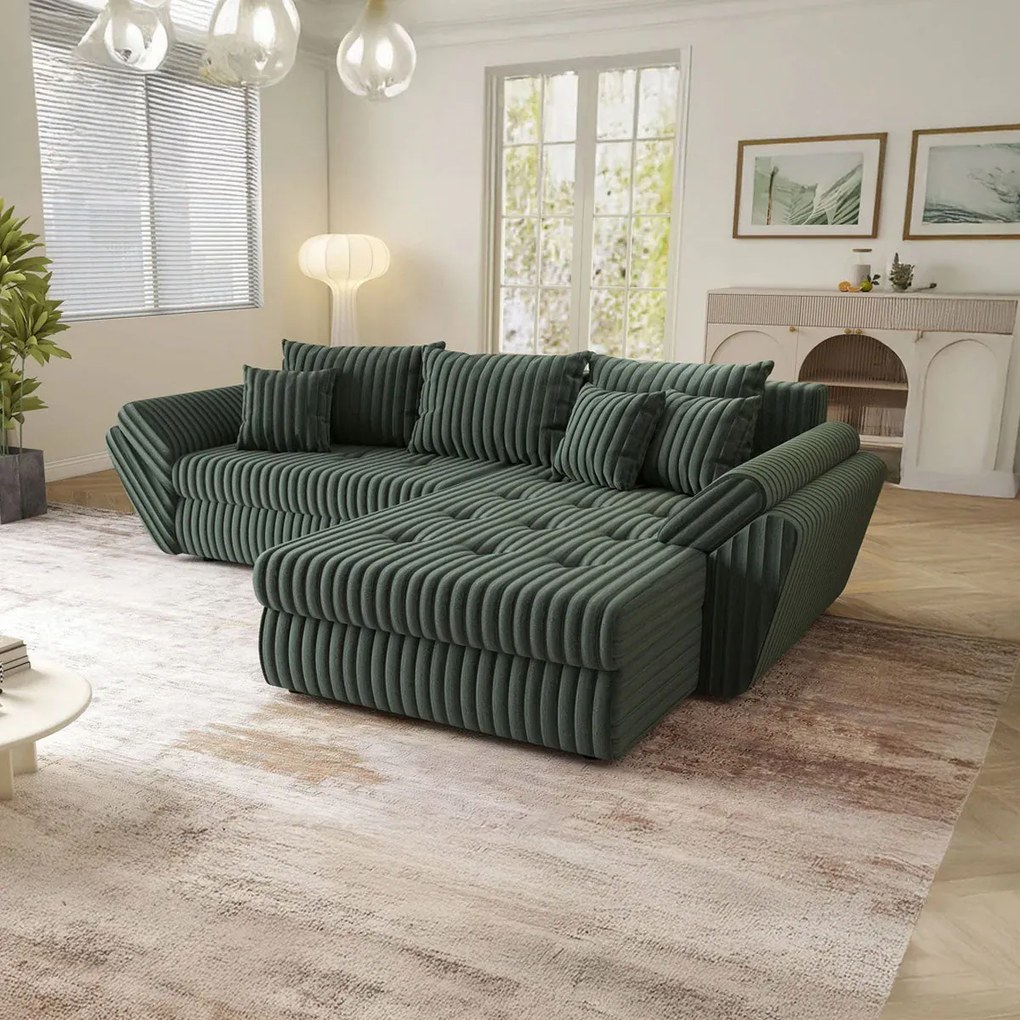 Colțar extensibil dumonde cu ladă de depozitare si sezut confortabil din spuma high-density, Loana Ambience Green II 270x185 cm