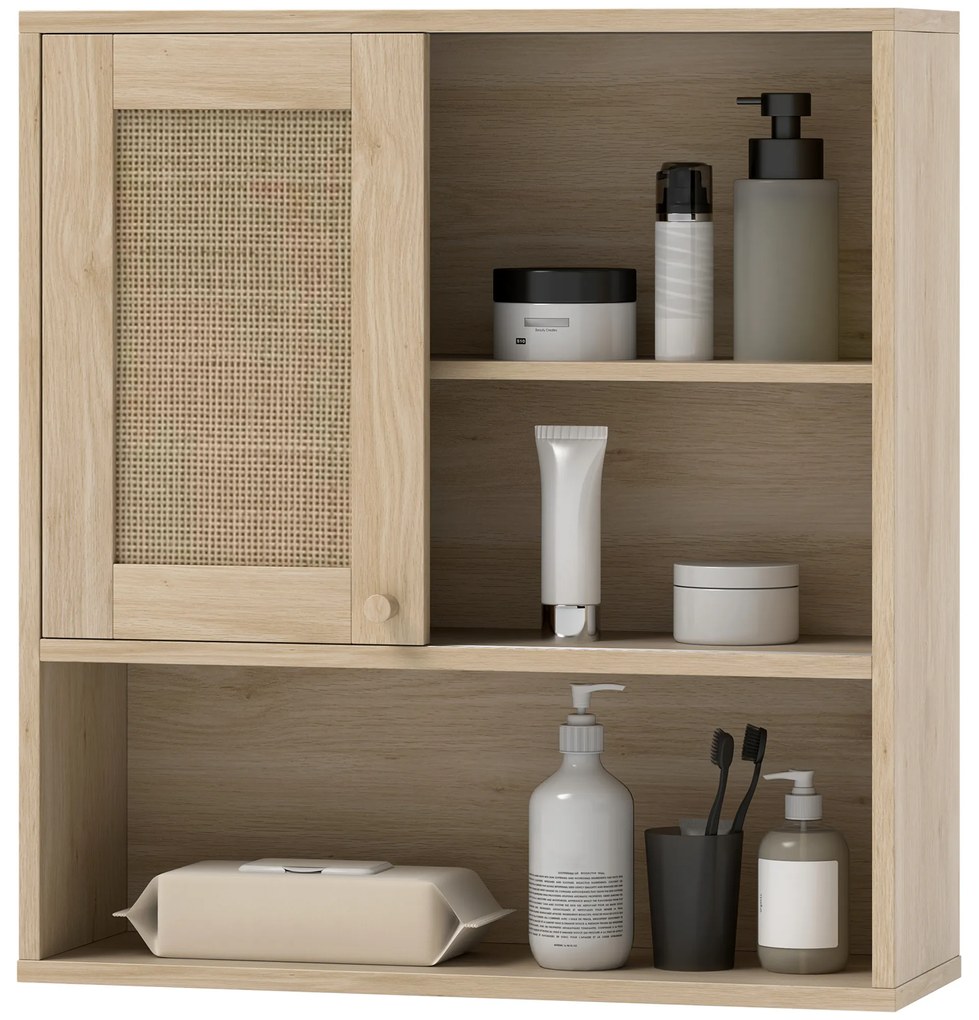 HOMCOM Armoire murale, mobilier suspensie baie cu ușă glisantă din răchită și rafturi deschise, lemn natural | Aosom Romania