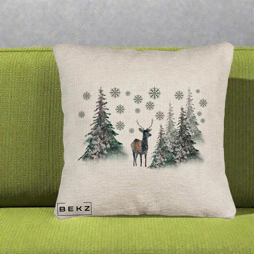 Perna Decorativa Ren in Padure Inzapezita, 40x40 cm, Bej Canapea, Husa Detasabila, Perna Inclusa, BEKZ®
