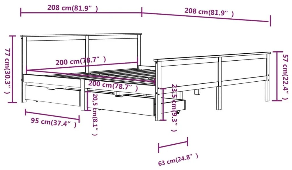 Cadru de pat cu 2 sertare, 200x200 cm, lemn masiv de pin Maro, 200 x 200 cm, 2 Sertare