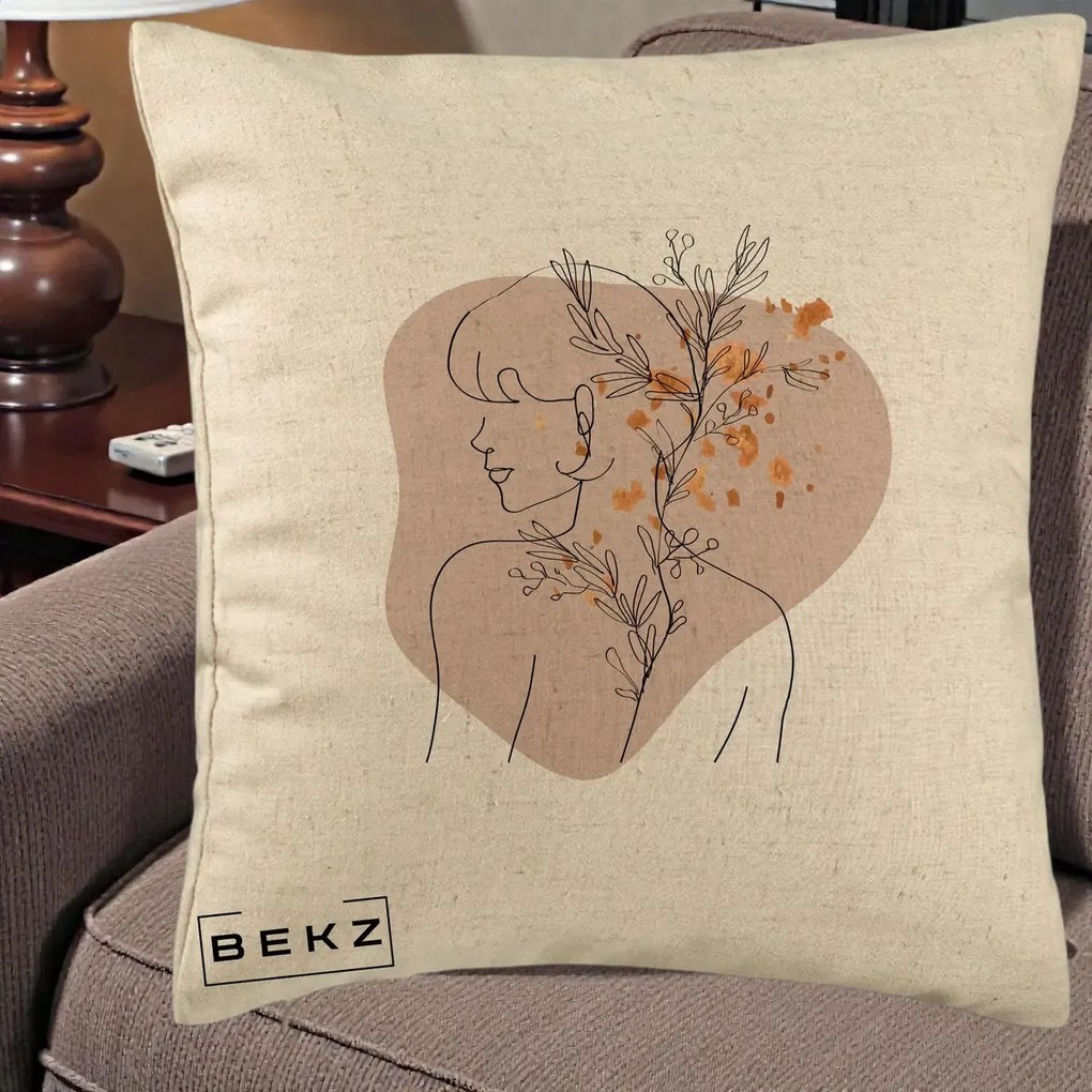 Perna Decorativa Femeie cu Flori Line Art Boho, 40x40 cm, Bej, Husa Detasabila, Perna Inclusa, BEKZ®