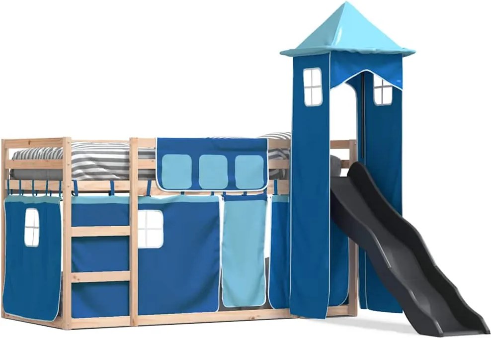 vidaXL Pat supraetajat cu tobogan și perdele, albastru, 80x200 cm