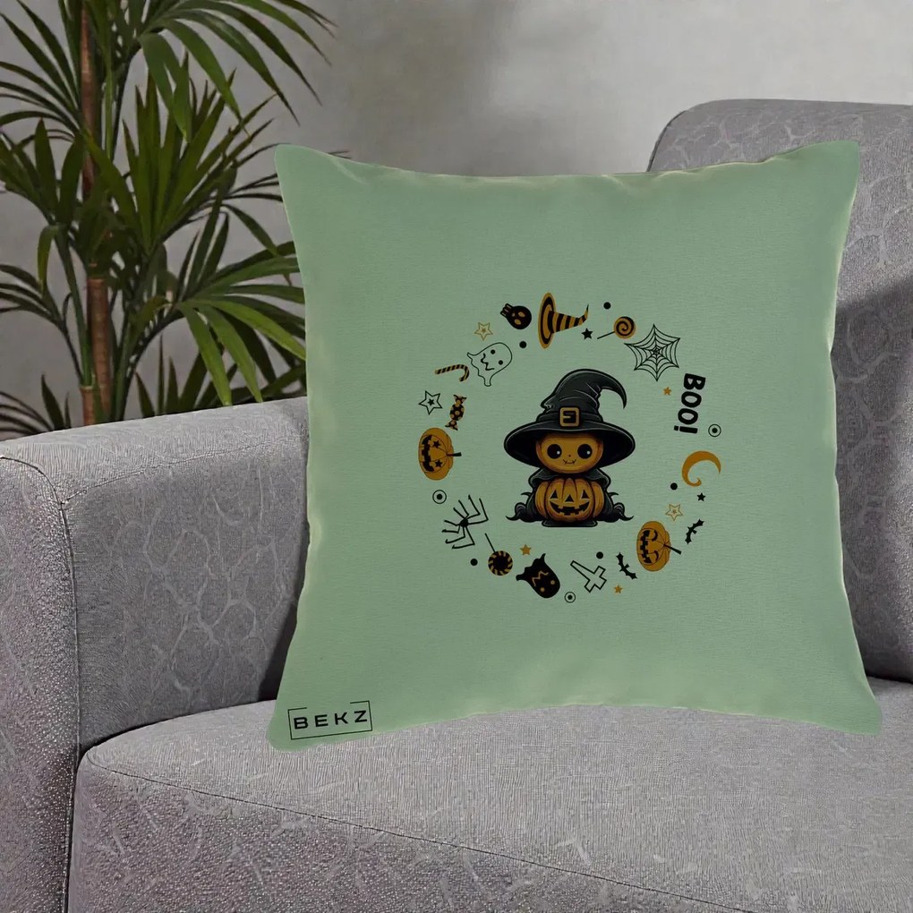 Perna Decorativa Halloween Dovleac Vrajitor Boo cu Simboluri, 40x40 cm, Verde, Husa Detasabila, Perna Inclusa, BEKZ®