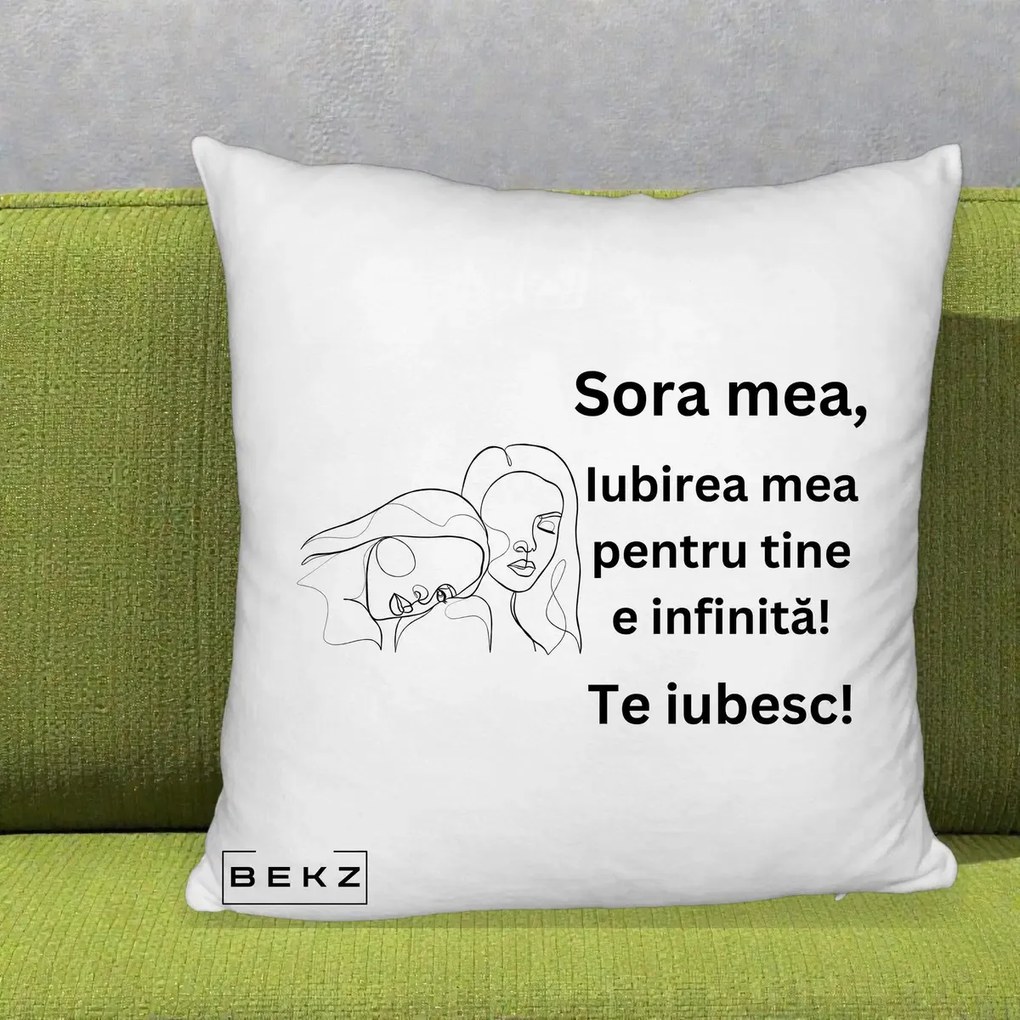 Cadou pentru Sora - Perna Personalizata Sora Mea Te Iubesc Line Art Portrete Fata in Fata, 40x40 cm, Alb Pufos, Husa Detasabila, Perna Inclusa, BEKZ®