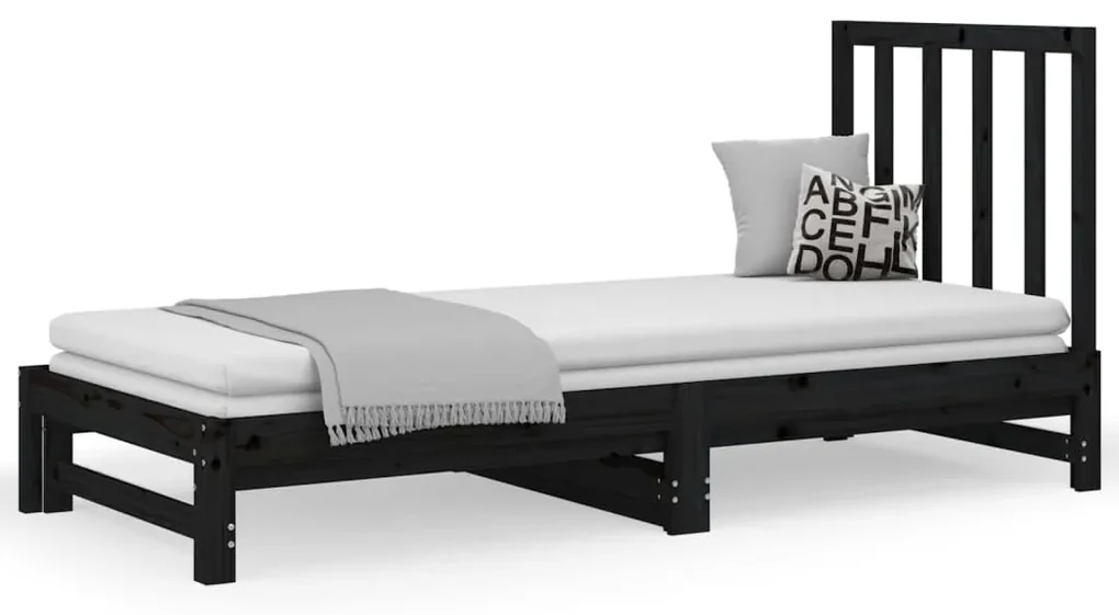 3108331 vidaXL Pat de zi extensibil, negru, 2x(90x190) cm, lemn masiv de pin