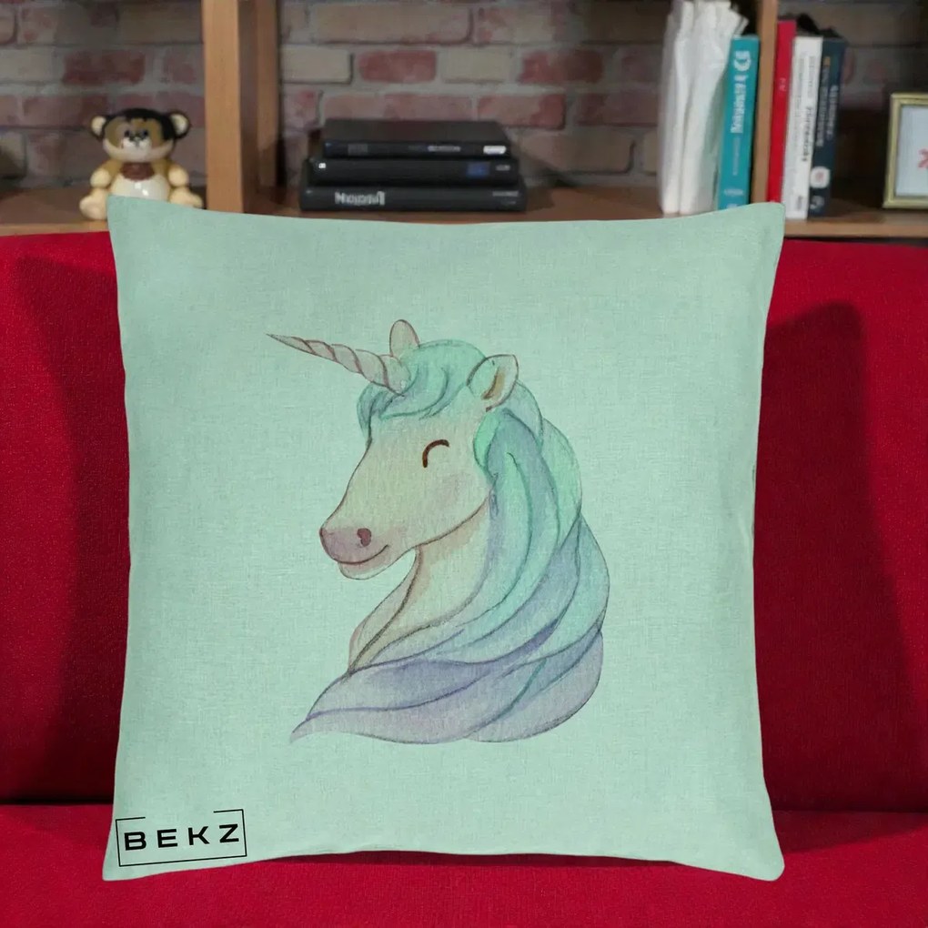 Perna Decorativa Unicorn Acuarela Pastel, 40x40 cm, Verde Menta, Husa Detasabila, Perna Inclusa, BEKZ®