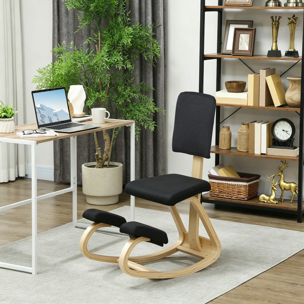 HOMCOM Scaun Ergonomic pentru Genunchi din Țesătură cu Aspect de In și Lemn de Mesteacăn, Negru | Aosom Romania