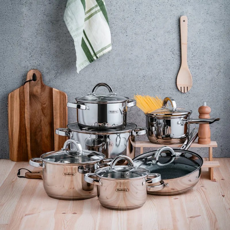 Set oale cu capac Rosberg R51210L12, 12 piese, Fund multistrat, 2.0-6.5 litri, Inductie, Inox