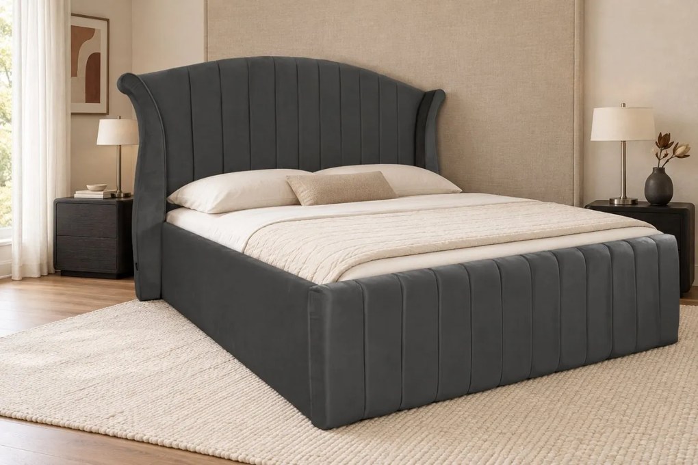 Pat tapițat din catifea Sorella Simple Line 160×200 cm, gri închis, cu ladă de depozitare