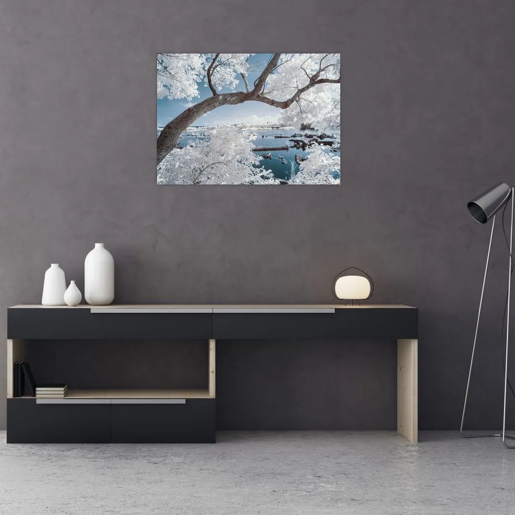 Tablou cu copac înzăpezit lângă apă (70x50 cm)
