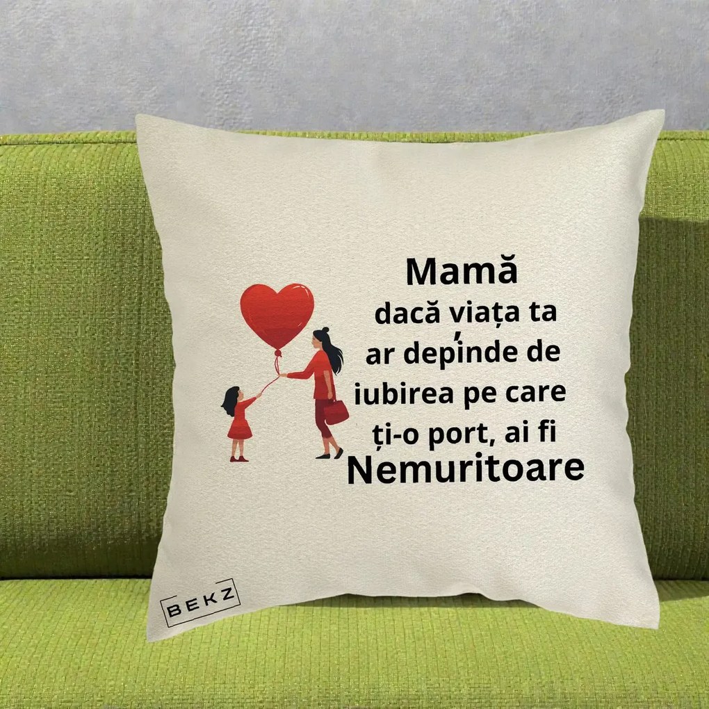 Cadou pentru Mama - Perna Personalizata Mama Nemuritoare cu Bebelus Kawaii, 40x40 cm, Ecru, Husa Detasabila, Perna Inclusa, BEKZ®