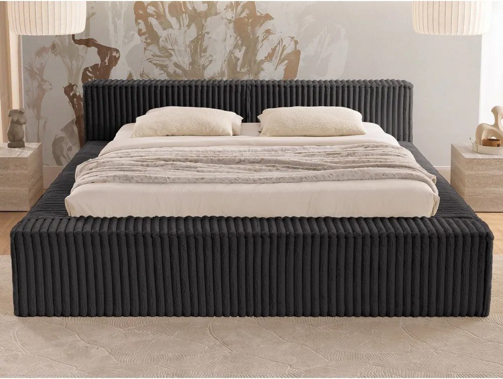 Pat matrimonial negru tapițat cu spațiu de depozitare cu somieră 160x200 cm Cloe – Ropez