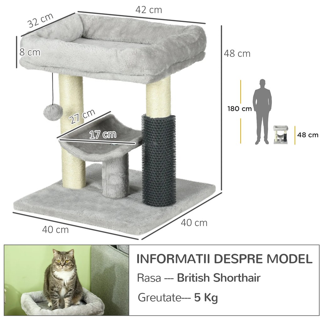 PawHut Ansamblu de Zgâriat cu Pătuț, Platformă, Perie și Stâlp din Sisal, 40x40x48 cm, Gri | Aosom Romania