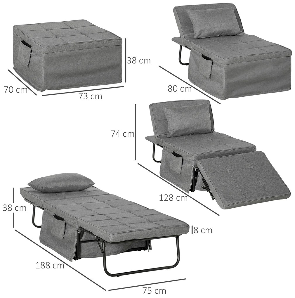 HOMCOM Pat Pliabil Multifuncțional 4 în 1, Șezlong cu Economie de Spațiu, cu Spătar Rabatabil pe 5 Niveluri, 188x75x38 cm, Gri | Aosom Romania