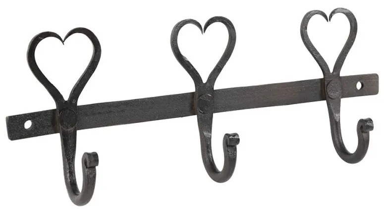 Cuier de perete decorativ, din metal, 3 carlige, Coeur Black