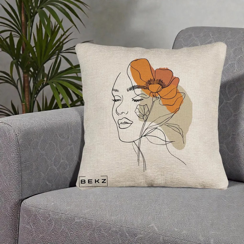 Perna Decorativa Portret Feminin Mac Mare Portocaliu, 40x40 cm, Bej Canapea, Husa Detasabila, Perna Inclusa, BEKZ®