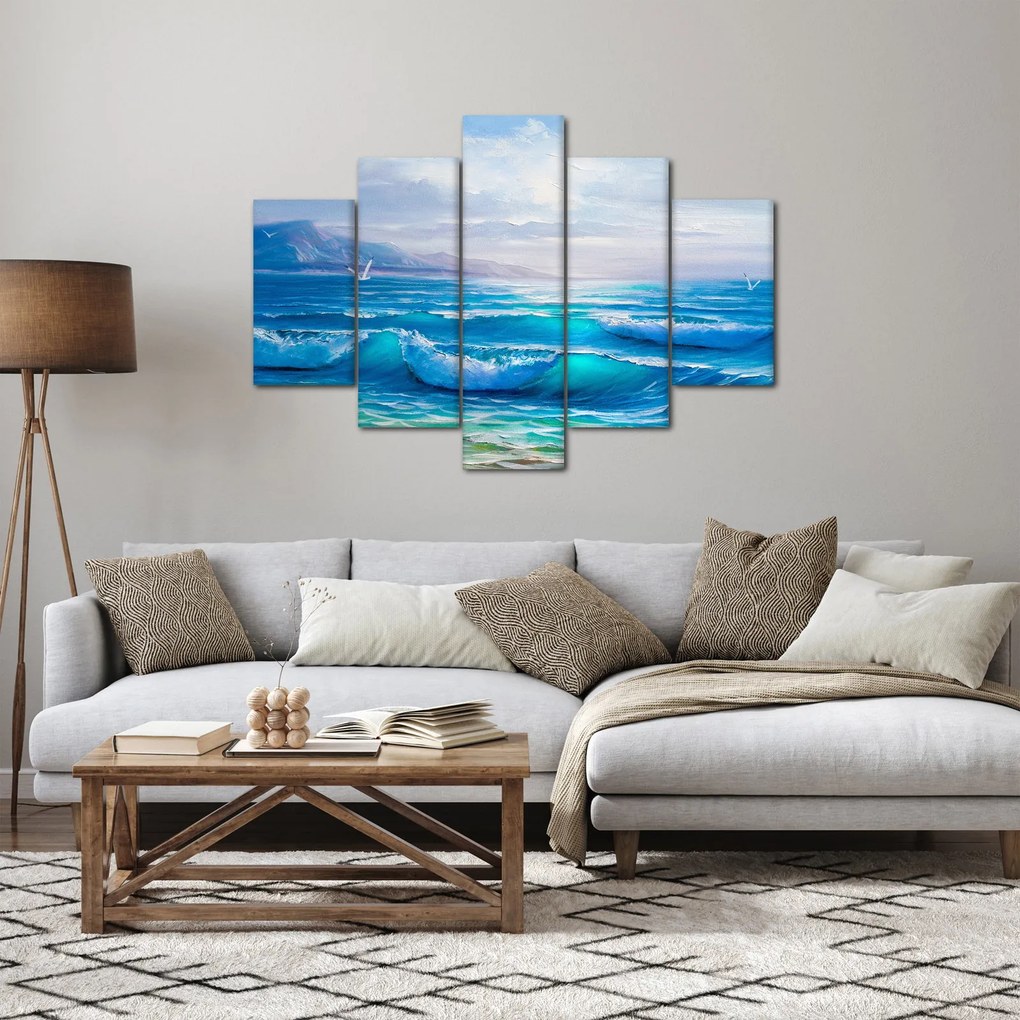 Tablou - Pictură în ulei de mare cu pescăruși (150x105 cm)