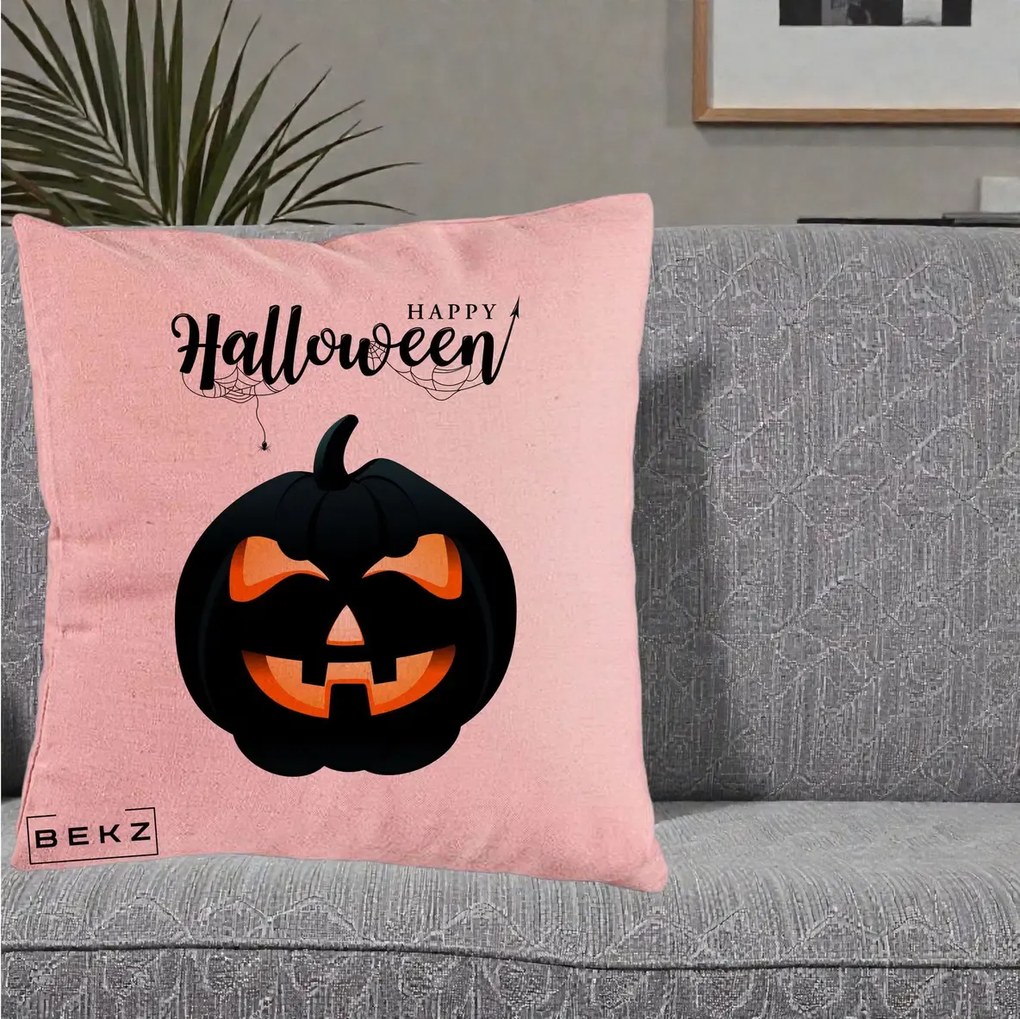 Perna Decorativa Happy Halloween Dovleac Negru cu Paianjen, 40x40 cm, Roz, Husa Detasabila, Perna Inclusa, BEKZ®