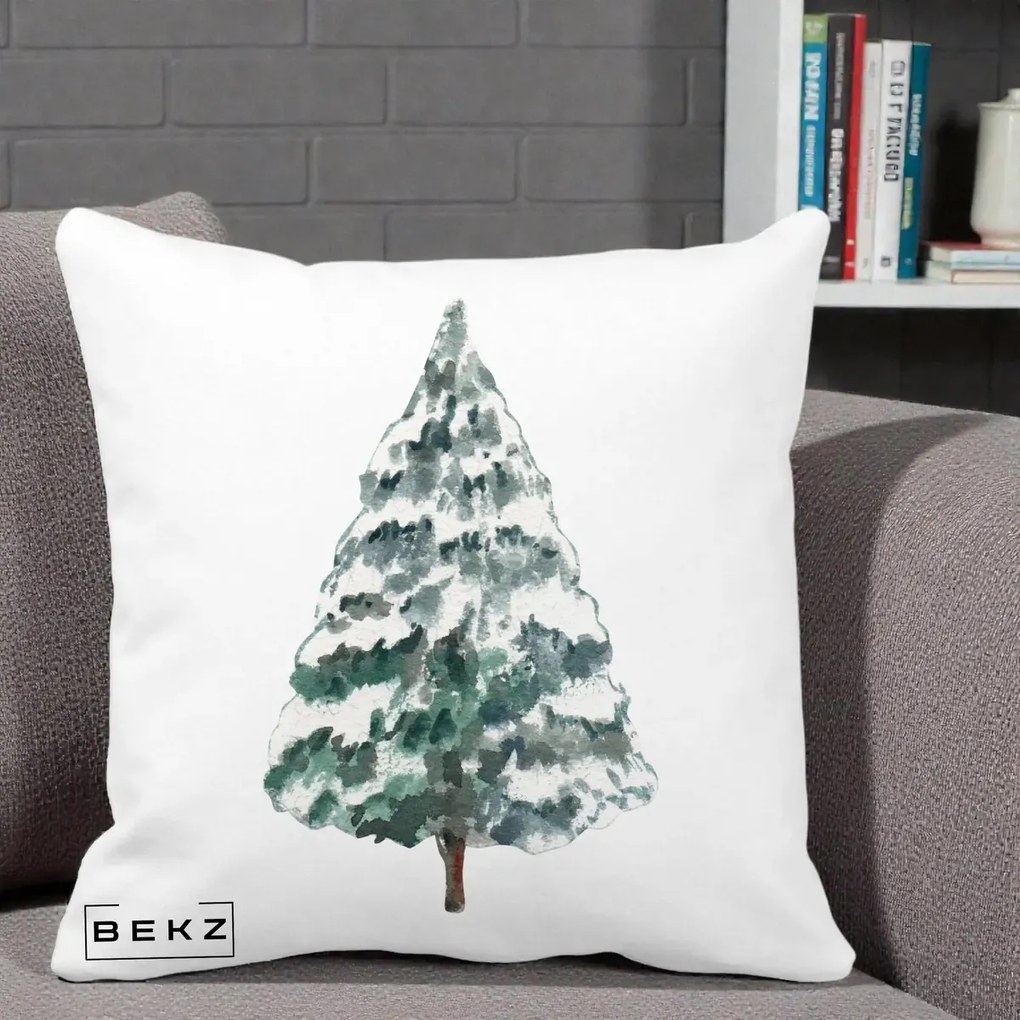 Perna Decorativa cu tematica de Craciun, Brad 2, 40x40 cm, Alba Mata, Husa Detasabila, Perna Inclusa, BEKZ®