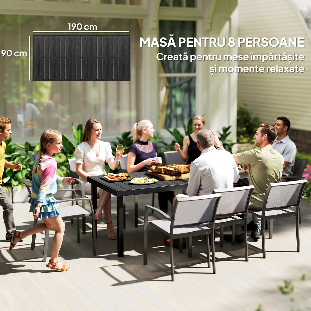 Outsunny Masă de Grădină cu Blat Textură Lemn 190x90 cm pentru 8 Persoane, Masă de Dining de Exterior Dreptunghiulară din Aluminiu și Plastic, pentru Terasă, Balcon, Negru | Aosom Romania